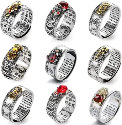 9Pcs Feng shui Pixiu Ring Amuleto De shalud Mantra Double Adjustable  Garnetring