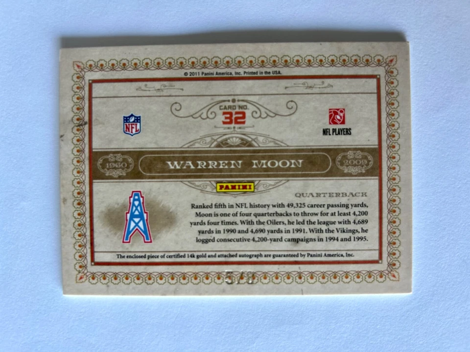2011 Gold Standard Warren Moon Autograph SSP #5/8 Oilers Card #32 with 14K Inlay - Image 2 of 2