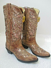 Corral Cowboy Boots A3578 Cognac Glitter Embroidered Leather Mid Calf