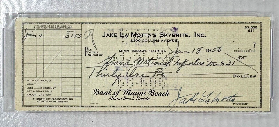 Jake LaMotta "Raging Bull" HOF 1956 Signed Check Boxing PSA/DNA Certified Auto - Image 3 of 4