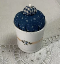 Antique Reproduction Pin Cushion, Early Calico Print Fabric, Blue, Child’s Cup