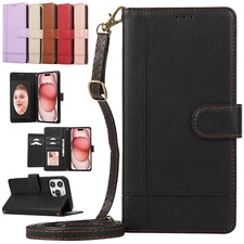 For iPhone 11 12 13 14 15 Pro Max Leather Wallet Crossbody/Wrist Straps Case 