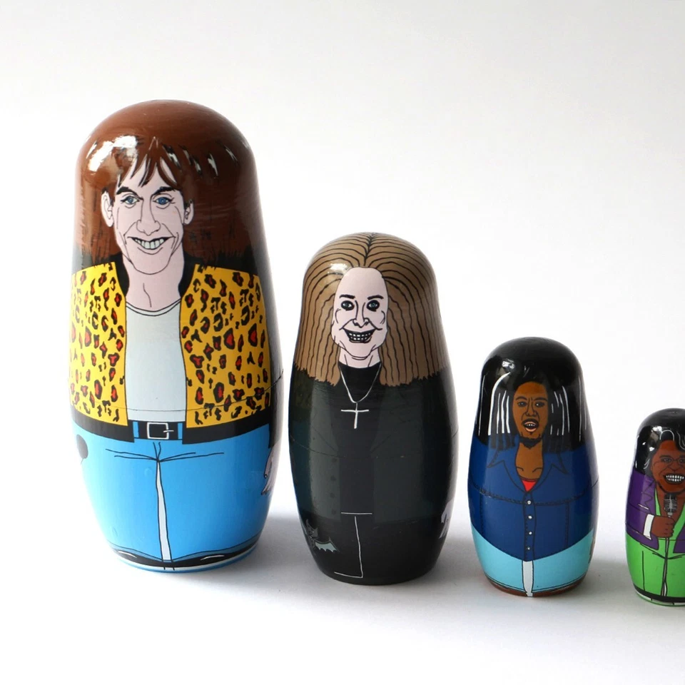 Muñecas matrioska de leyendas de la música Iggy, Ozzy Osbourne, Bob Marley, JB, Michael Jackson Foto 2 de 4