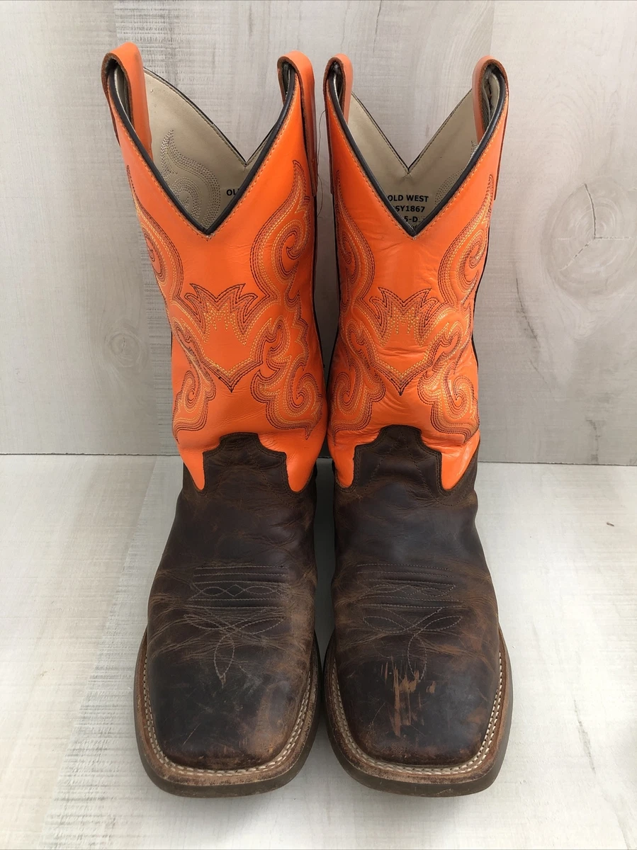Old West Orange Brown Youth Boys Leather Western Cowboy Boots Size 6.5 D