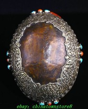 6" Old Tibet Buddhism Silver Bone Gems 8 Auspicious Symbol Skull Head Bowl Bowls