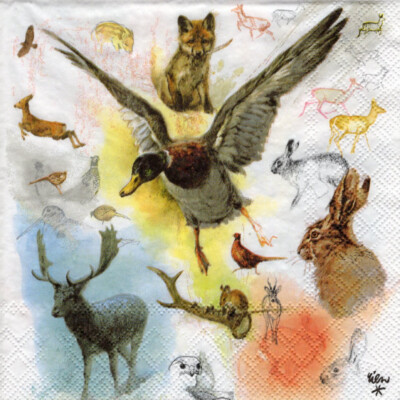3 Servietten~ Wilde Tiere, Hirsche, Ente, Hase, Porträts, RIEN Poortvliet ~33x33