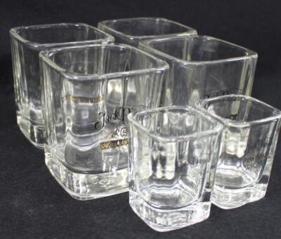 Jack Daniels Whiskey Set of Four on the Rocks Glasses and Two Shot Glasses