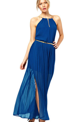 Chiffon With Gold Chain Maxi Evening Party Dress Blue With Belt