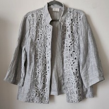 Chico's Linen White Embroidery Gray Silver Open Style Jacket 2