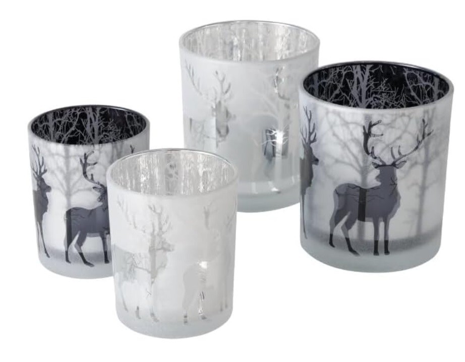 4er Set Windlichter Hirsche Weihnachten Kerzenhalter b653 Glas Weiss schwarz