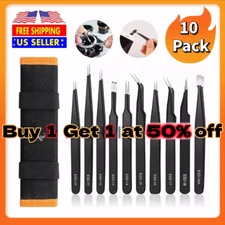 10 x ESD Precision Anti static Tweezers Set Stainless Steel Tool for Electronics