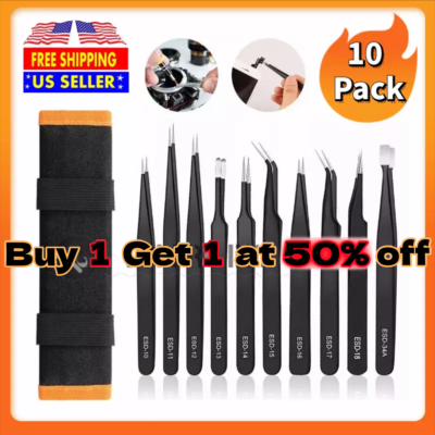 #ad 10 x ESD Precision Anti static Tweezers Set Stainless Steel Tool for Electronics $9.93