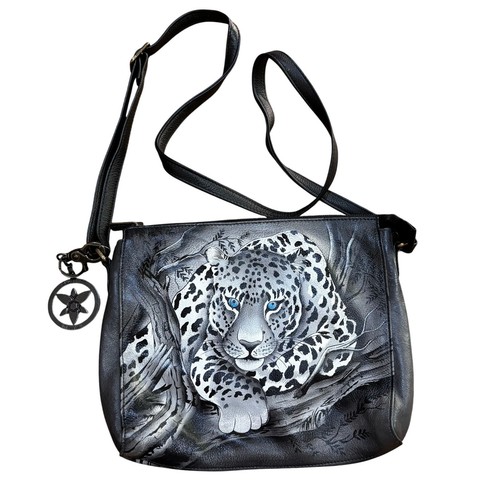 Anuschka Handbemalte Leder Handtasche Schultertasche Crossbody Grau & Weiß Tiger  - Bild 1 von 9