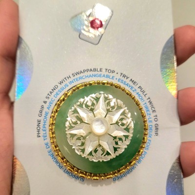Natural jade, carved mother of pearl shell, 18k gold pop socket phone holder