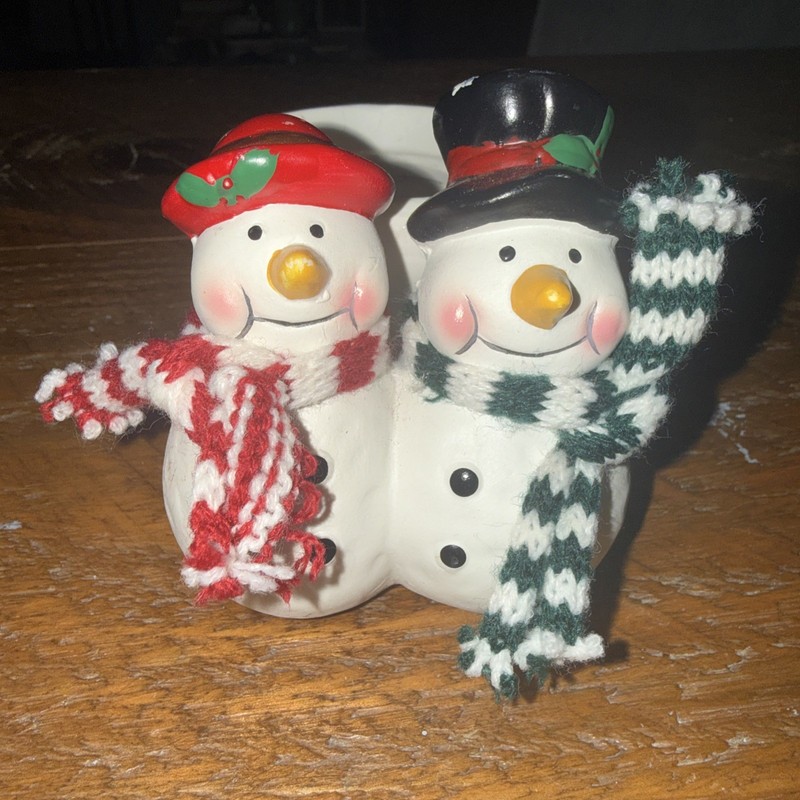 Woolly Scarfed Snowmen Pair Tea Light Candle Holder Holiday Christmas Decoration