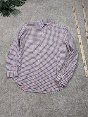 Ralph Lauren Shirt Mens Large Orange Blue Check Plaid Button Flesh Pony Cotton