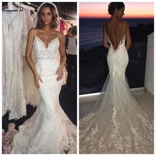 White Mermaid Bridal Gown Spaghetti Straps Lace Appliqued Tulle Wedding Dresses