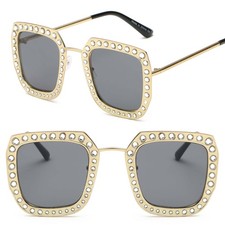 Metal Square Bling Rhinestone Luxury Women Fashion Gold Sunglasses