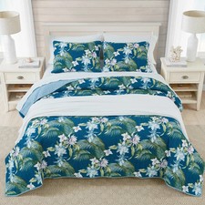 Tropical Queen Quilt Set 3Pc Bedding Coastal Botanical Floral Caribbean Bahama