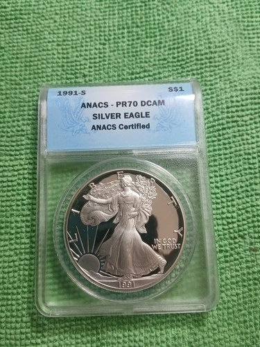 1991 S ANACS PR70 DCAM AMERICAN SILVER EAGLE Key Date Blue Label