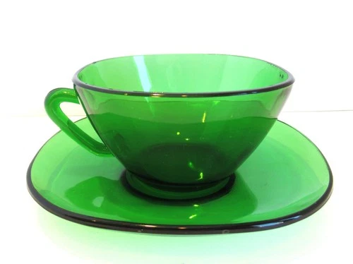 Vintage Green Glass Cup and Saucer Vereco Made in France Rounded Square Shape