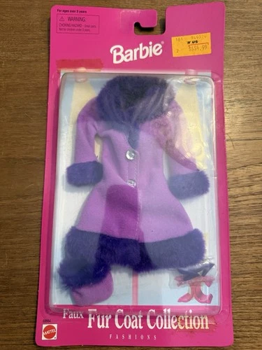 Vintage Mattel Barbie Purple Faux Fur Coat Purse Shoes Set #68664 NOS New In Box