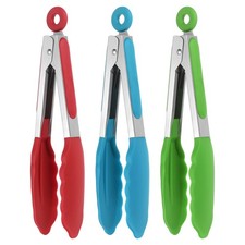 3 Pcs Kitchen Tongs with Silicone Tips 9 Inch 430 Stainless Steel Red/Blue/Green