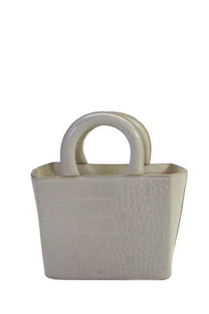 Staud Womens Double Handle Croc Embossed Medium Tote Handbag White Leather
