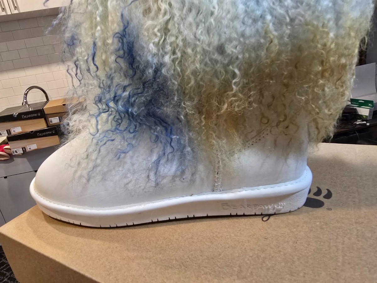 BEARPAW Boo Real Lamb Fur Lined Boots White Rainbow Women's Size