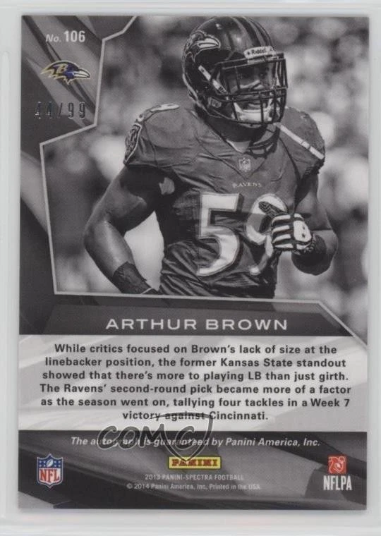 2013 Panini Spectra Rookie Auto Blue /99 Arthur Brown #106 Rookie Auto RC - Image 2 of 2