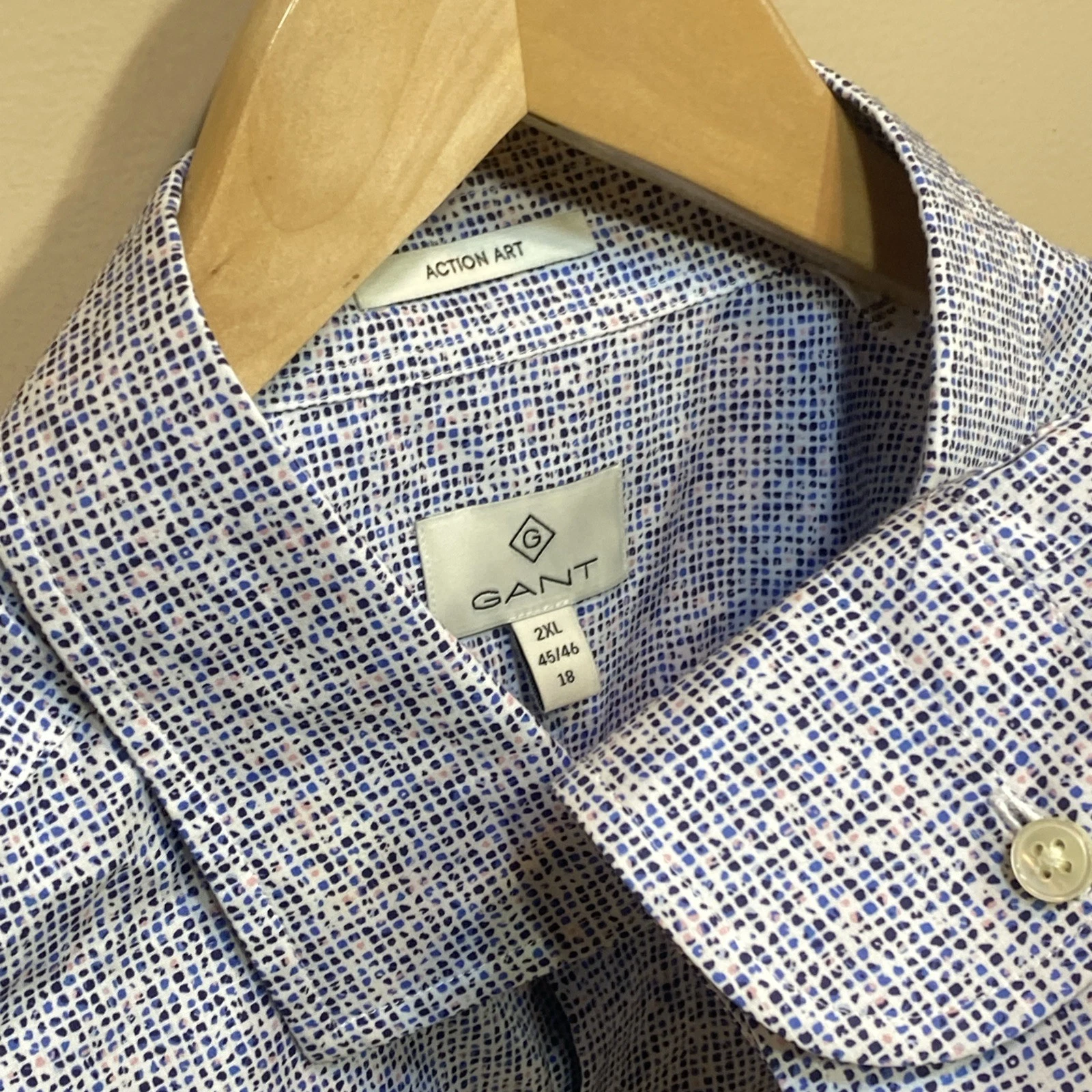 GANT Dress Shirt Mens 2XL Slim Blue Button Up Action Art Micro Dot Lightweight
