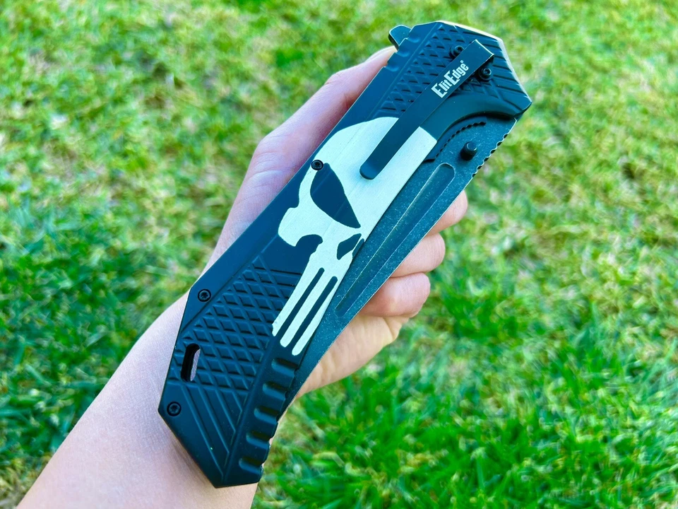 12.25” Giant Skull Punisher Tactical Spring Assisted Open Blade Pocket Knife - Image 4 of 4