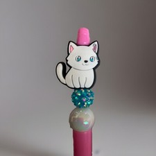 NEW Handmade Beaded Pen - WHITE KITTY CAT PINK PEN - Black Ink - Free Refill