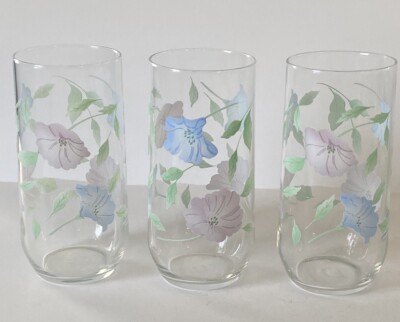 Vintage ~ Luminarc ~ 16oz Tall Glass ~ Set of 3 ~Pastel Floral ~ Pink Blue Green