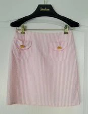 DAGMAR & DILL 100% Cotton Seersucker Pink White Striped Skirt Shell buttons Sz 4