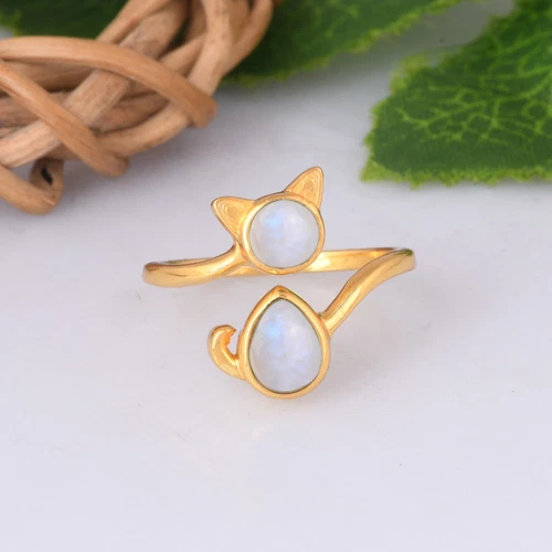 Natural Moonstone Cat Design Ring 18k Gold plated Minimalist Ring Gift For Her