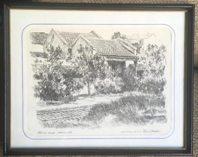Vintage George Mathis Framed Artwork Print Sketch Bok Kai Temple ...