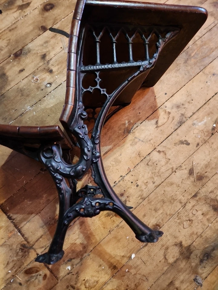 Antigua silla de escritorio escolar AH Andrews, hierro fundido mecánico vintage madera/metal Foto 2 de 4
