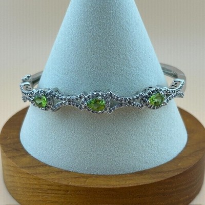 Signed SUN BR Rhodium plated Green Gemstone Bangle Bracelet double clasp