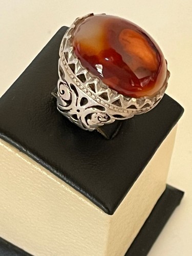 Elegant Men 925 Silver Ring Big Genuine Yemen Aqeeq Agate Handmade عقيق يمني - Picture 6 of 20