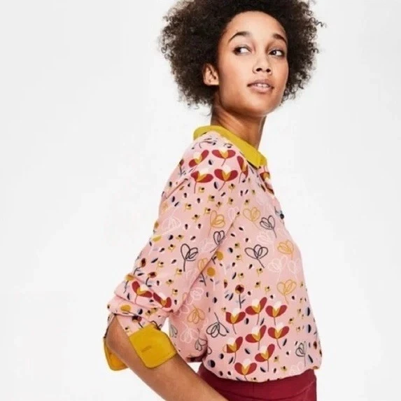Blusa BODEN Seda Floral Top Cuello Buttondown Rosa Batido Prado Talla 6 Foto 4 de 4