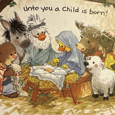 Vtg Christmas Card UNUSED Duck Suzy s Zoo Donkey Cow Jesus Postcard Nativity