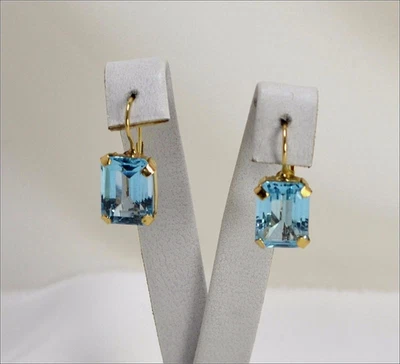 Boucles or Jaune 18KT Avec Topaze Bleue 10 x 14 Rectangulaire -oght 0697- - Photo 1/3