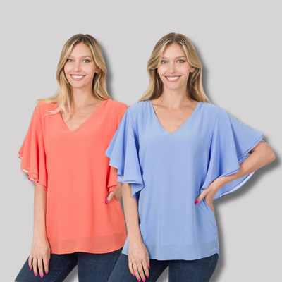 Women's V Neck Waterfall Short Sleeve Chiffon Flowy Loose Fit Top Spring Blouse