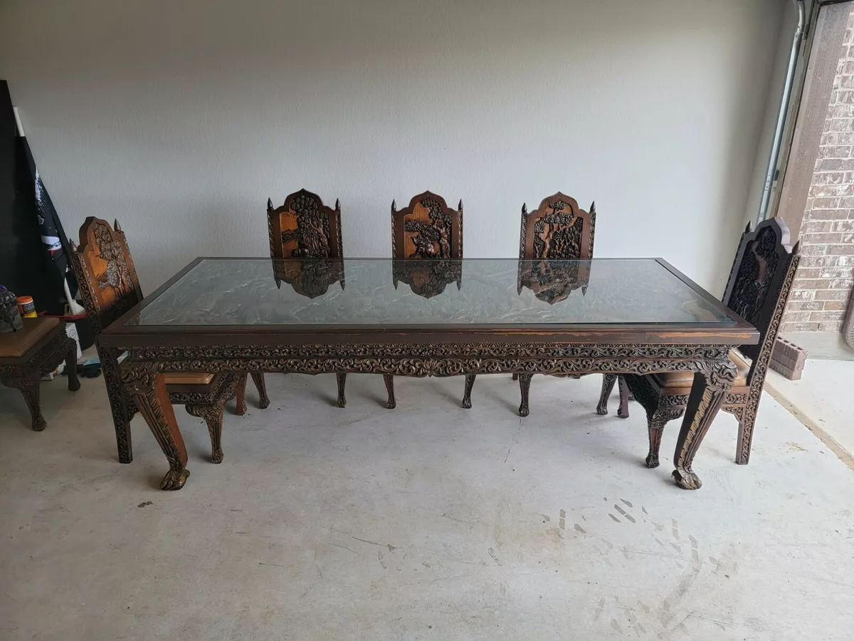 Hand carved Antique Dining Set Large table glass insert 8