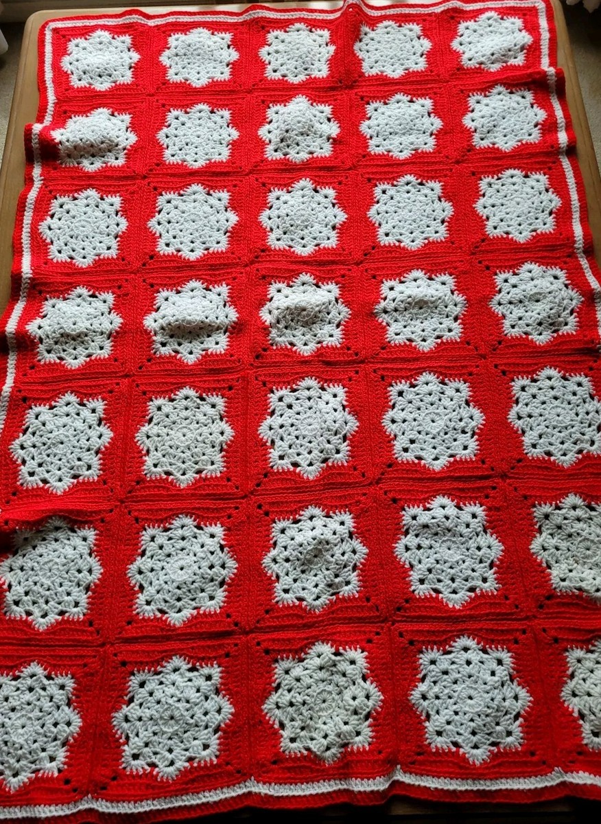 【USA vintage】granny blanket 赤×白 クリスマスカラー Vintage Red & White Snowflake Granny Square Crochet Blanket