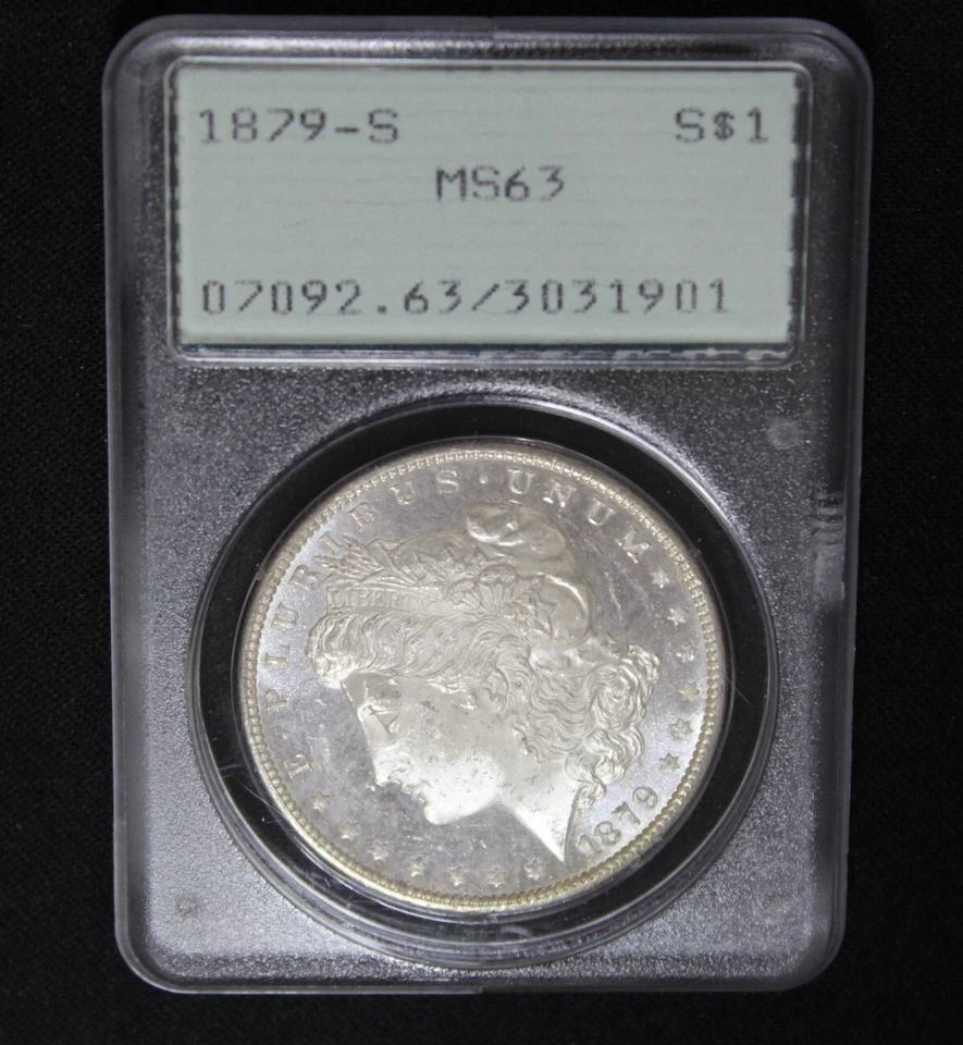 Dólar de plata Morgan 1879 S OGH DMPL anverso graduado PCGS MS63 prueba como sonajero Foto 2 de 4