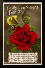 Greetings real photo postcard RPPC Birthday flowers rose Vintage
