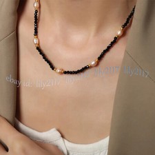 3mm Faceted Black Spinel Round Gems Beads Natural Pink Pearl Necklace 14-48inch