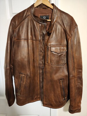 Q By Flynt Brown Leather Jacket Vintage Lined Large